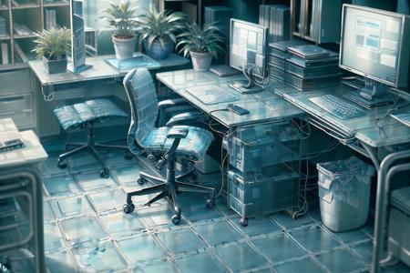 17087-12345-chair, computer, desk, indoors, monitor, no_humans, office_chair, plant, potted_plant, scenery, table, tile_floor, tiles, trash_.png